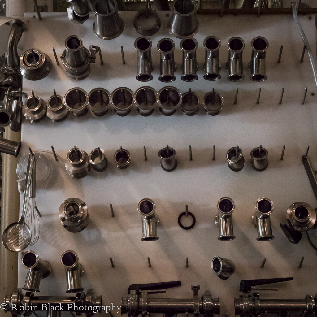 Miscellaneous hardware in the tank room, 22 feet above the barrel storage and tasting room.