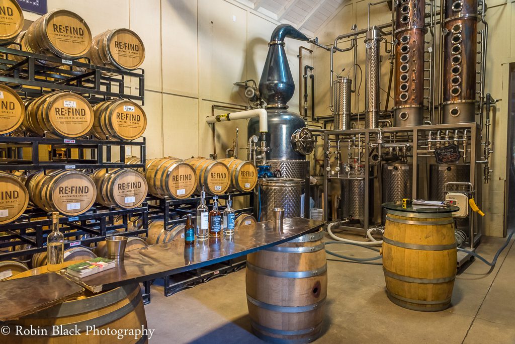The RE:FIND tasting room is in the distillery, so you get to see the stills and barrels and all working parts. Fun!